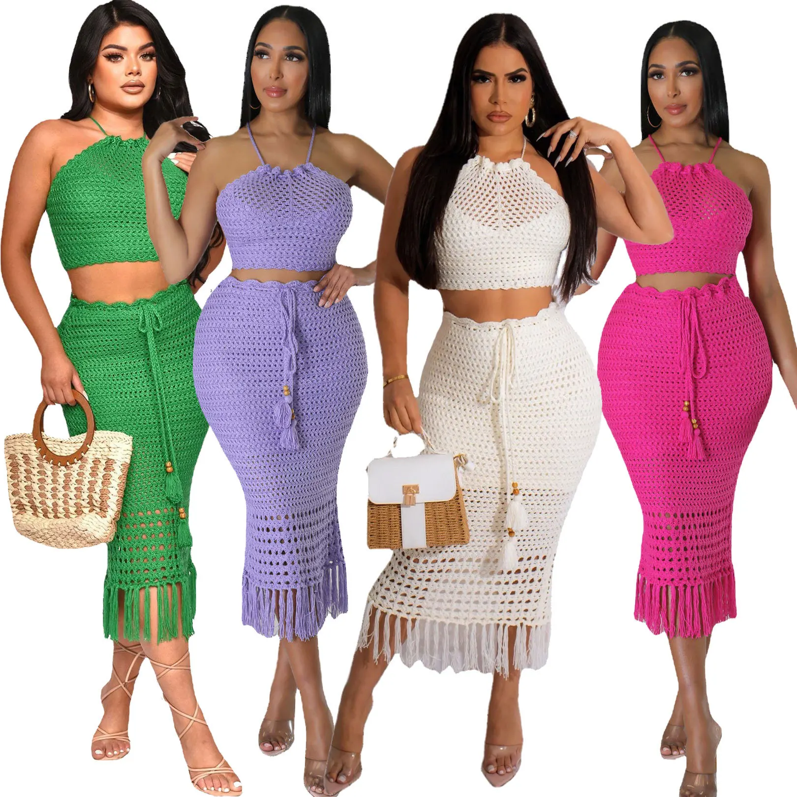Fashion Bandage Two-Piece Backless Crop Top and Skirt Two Piece Set Sexy Knit Hollow Out Tassel Holiday Women Clothing 2024