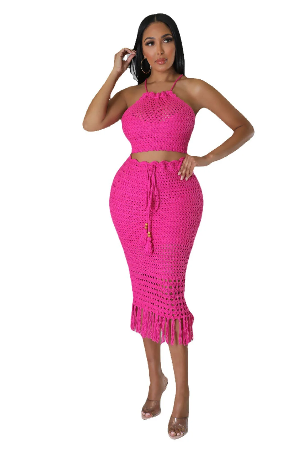 Echoine Fashion Bandage Halter Backless Crop Top and Skirt Two Piece Set Sexy Knit Hollow Out Tassel Holiday Women Clothing 2024