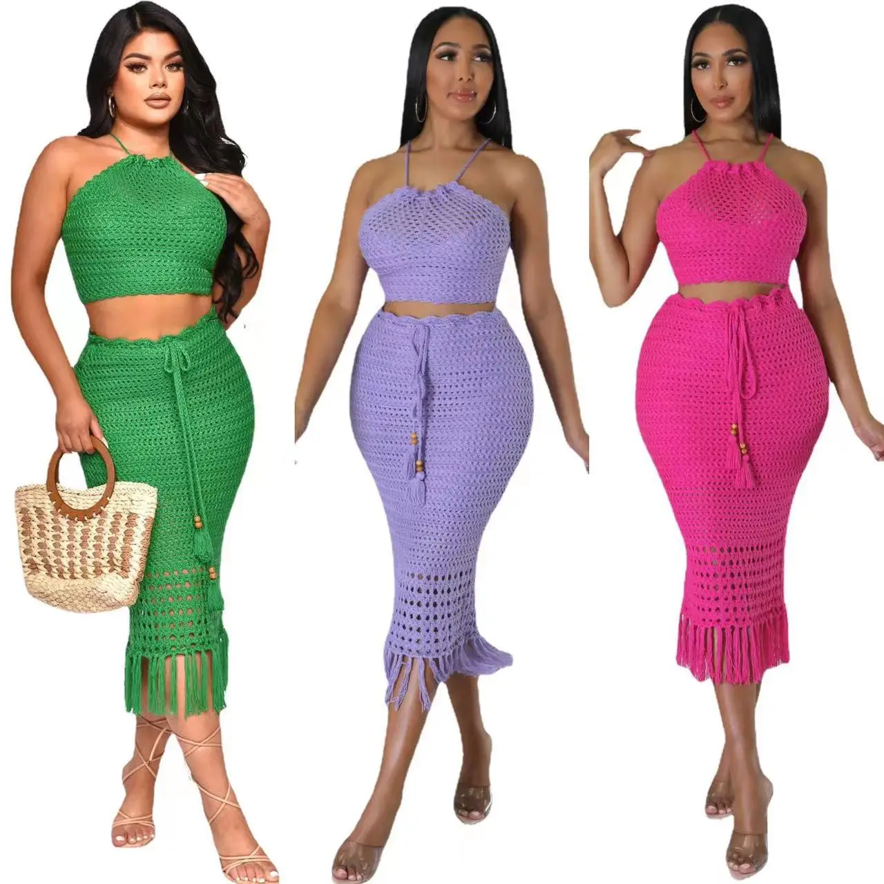 Fashion Bandage Two-Piece Halter Backless Crop Top and Skirt Two Piece Set Sexy Knit Hollow Out Tassel Holiday Women Clothing 2024