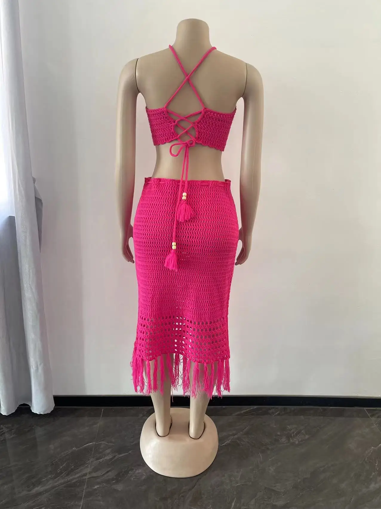 Echoine Fashion Bandage Halter Backless Crop Top and Skirt Two Piece Set Sexy Knit Hollow Out Tassel Holiday Women Clothing 2024