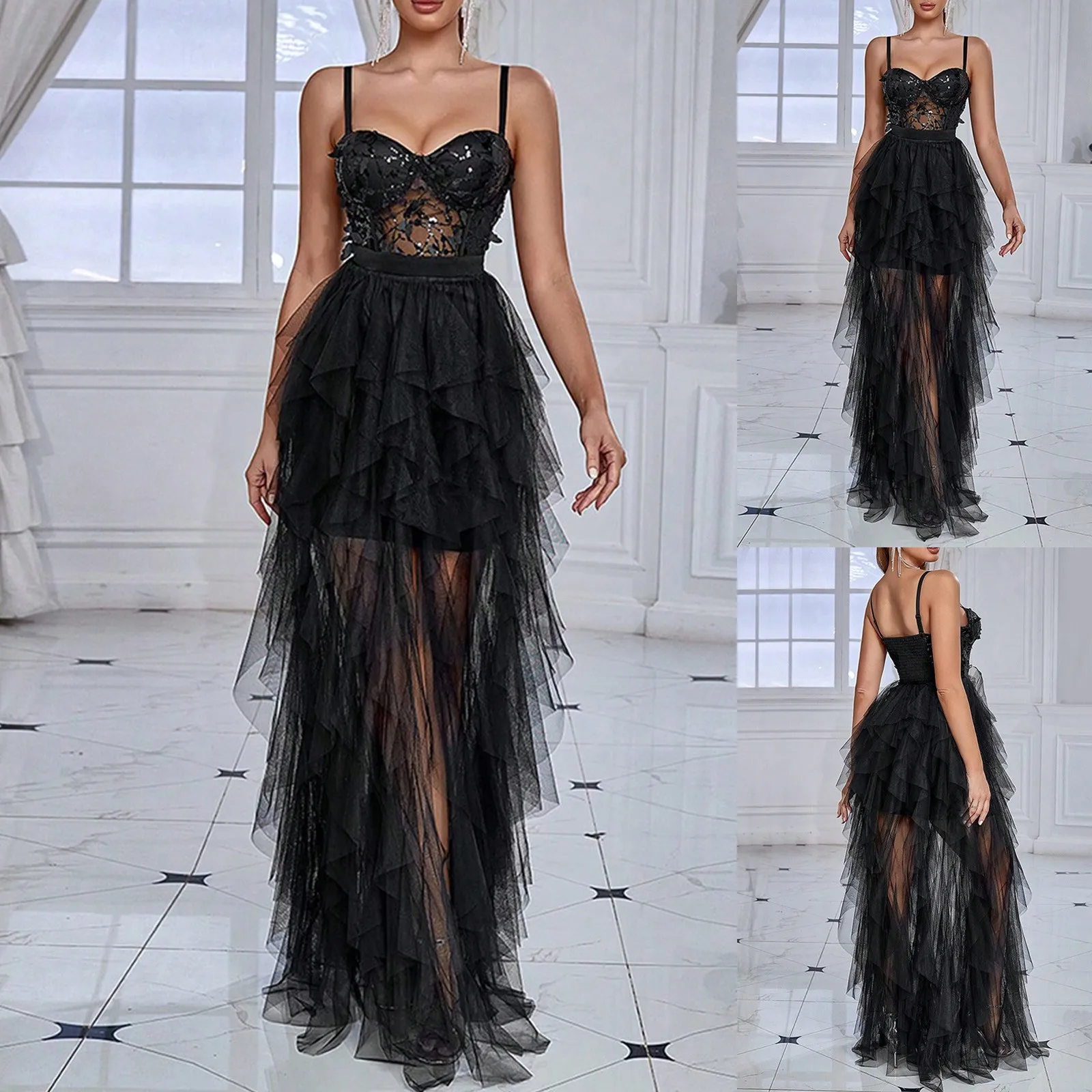Sequin Patchwork Mesh Evening Dress New Women'S Sexy Fashionable Sling Long Dress With Butterfly Woman Clothing Women'S Dress