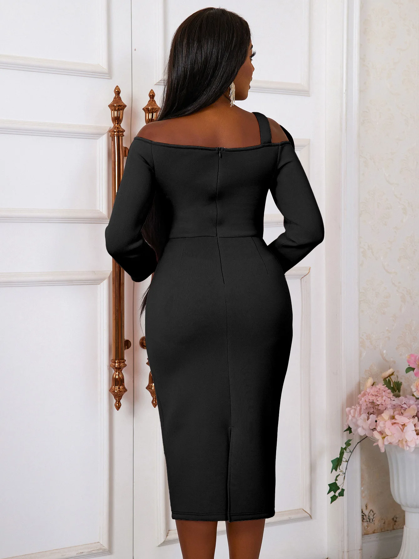 Prowow Elegant Women's Dress Shoulderless Long Sleeve Slim Fit Birthday Party Wear Solid Color 2024 New Design Female Clothing