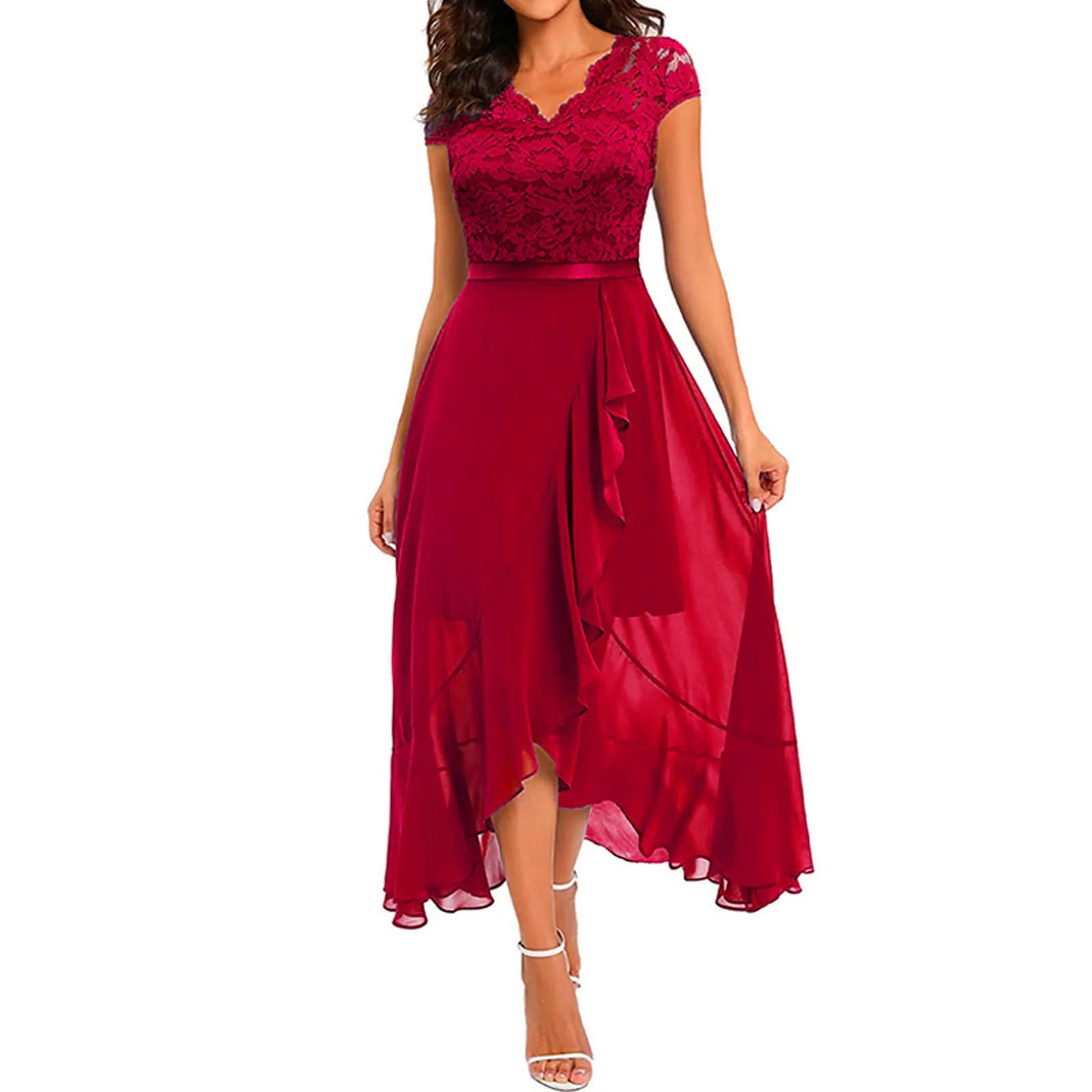 ElegantLace Splice Sleeveless Dress  V Neck Ruffle Hem Dress Fashion Solid Color Evening Dress Spring Autumn Robe