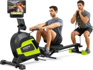A foldable rowing machine, ideal for home workouts, providing a full-body exercise experience
