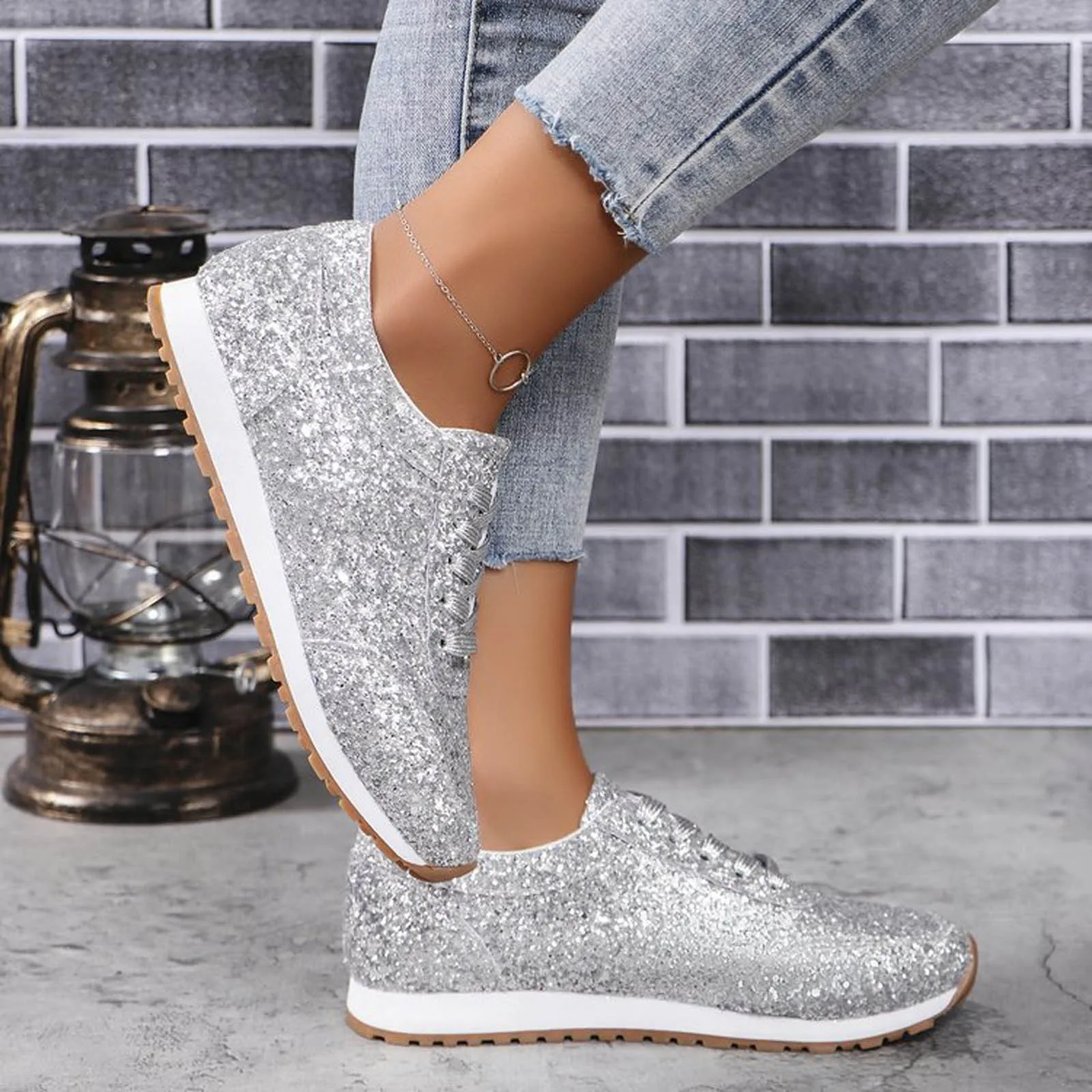 Women's Fashion Sequins Sneakers Casual Lace Up Sport Shoes Glitter ...