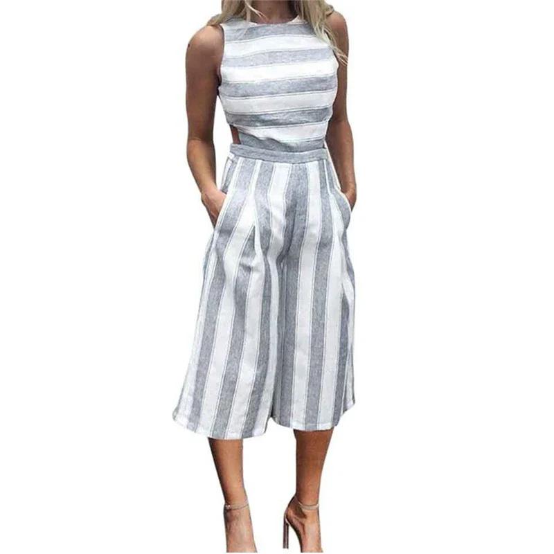 Blue Striped Casual Jumpsuit for Women