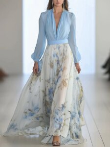 women's loose a line blue long sleeve v neck floral print maxi dresses stylish dress