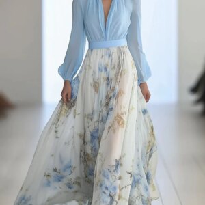 women's loose a line blue long sleeve v neck floral print maxi dresses stylish dress