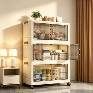 Foldable storage cabinet with wheels and magnetic doors in beige