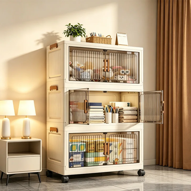 Foldable storage cabinet with wheels and magnetic doors in beige