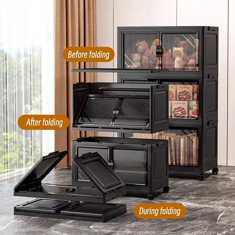 3/4/5/6-tier foldable storage cabinet with clear double doors, foldable and stackable plastic storage boxes with wheels, large-capacity rolling organizer, perfect for pantry, bedroom, bathroom, or coffee bar, black - Image 4