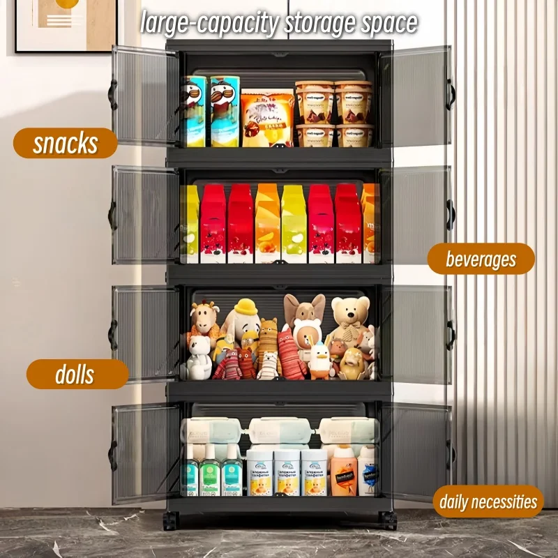 3/4/5/6-tier foldable storage cabinet with clear double doors, foldable and stackable plastic storage boxes with wheels, large-capacity rolling organizer, perfect for pantry, bedroom, bathroom, or coffee bar, black - Image 2