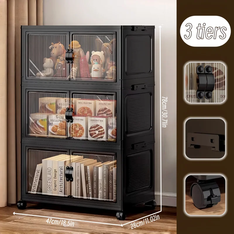 3/4/5/6-tier foldable storage cabinet with clear double doors, foldable and stackable plastic storage boxes with wheels, large-capacity rolling organizer, perfect for pantry, bedroom, bathroom, or coffee bar, black - Image 7