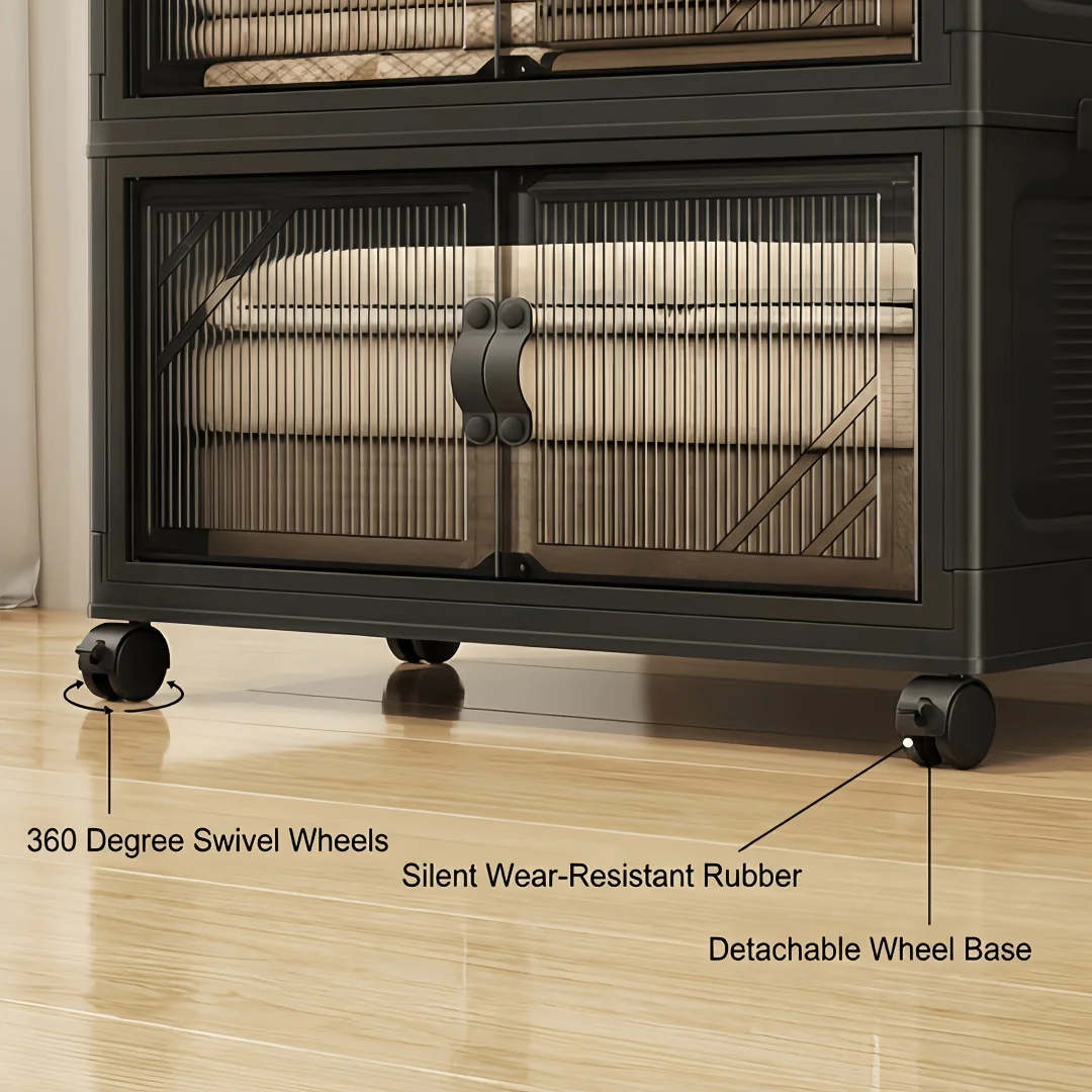 3/4/5/6-tier foldable storage cabinet with clear double doors, foldable and stackable plastic storage boxes with wheels, large-capacity rolling organizer, perfect for pantry, bedroom, bathroom, or coffee bar, black 3/4/5/6-tier foldable storage cabinet with clear double doors, foldable and stackable plastic storage boxes with wheels, large-capacity rolling organizer, perfect for pantry, bedroom, bathroom, or coffee bar, black