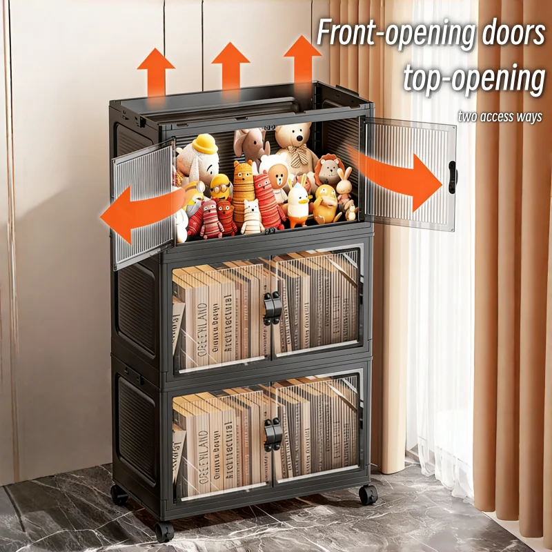 3/4/5/6-tier foldable storage cabinet with clear double doors, foldable and stackable plastic storage boxes with wheels, large-capacity rolling organizer, perfect for pantry, bedroom, bathroom, or coffee bar, black - Image 5