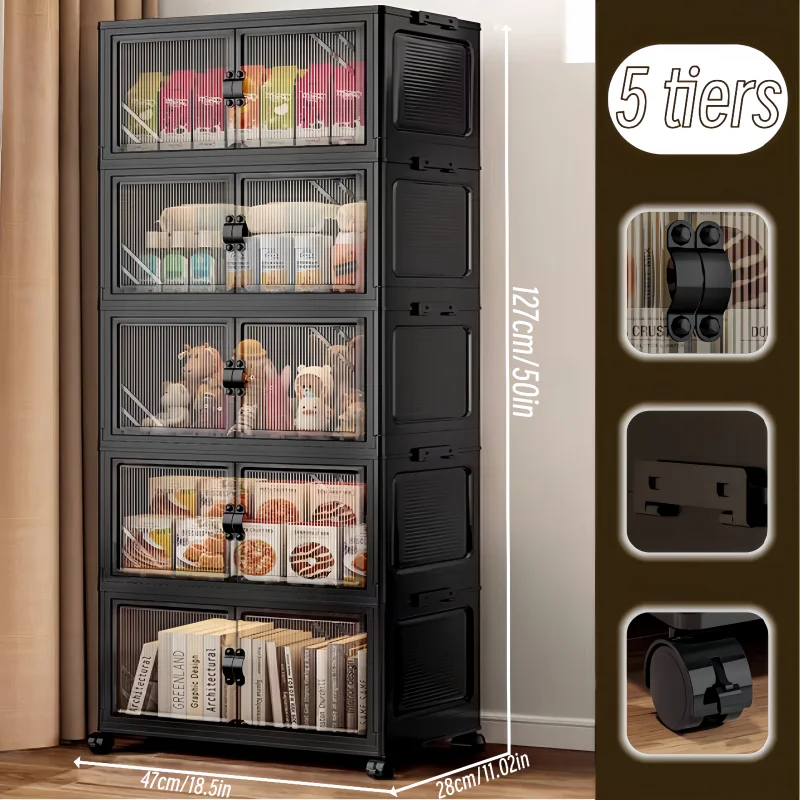 3/4/5/6-tier foldable storage cabinet with clear double doors, foldable and stackable plastic storage boxes with wheels, large-capacity rolling organizer, perfect for pantry, bedroom, bathroom, or coffee bar, black - Image 8