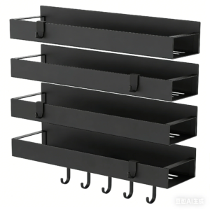 4-pack black magnetic spice rack organizer for refrigerator and oven with metal shelves for storing spices, seasonings, oils, and kitchen essentials.