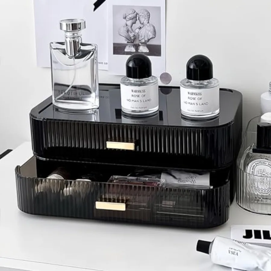2 Pack Stackable Makeup Organizer with Drawers, Bathroom Storage for Eyeshadow Palettes, Cosmetics, and Beauty Supplies. Ideal