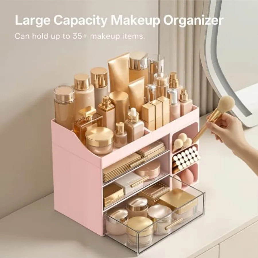 Makeup Organizer Countertop with Brush Holder, Large Bathroom Counter Organizer with Drawers, Skincare Organizers for Vanity, P