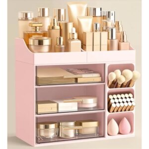 Makeup organizer countertop with drawers and brush holder on vanity