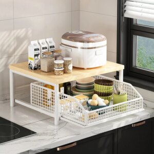 2-tier pull-out storage rack used as a microwave stand in a modern kitchen