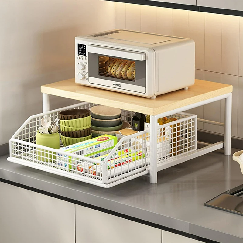 Space-Saving 2-Tier Pull-Out Rack | Printer/Microwave Stand with Storage Basket | For Kitchen, Living Room & Bedroom