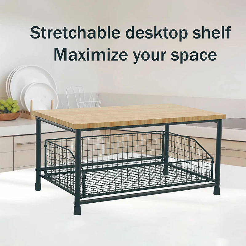 Space-Saving 2-Tier Pull-Out Rack | Printer/Microwave Stand with Storage Basket | For Kitchen, Living Room & Bedroom