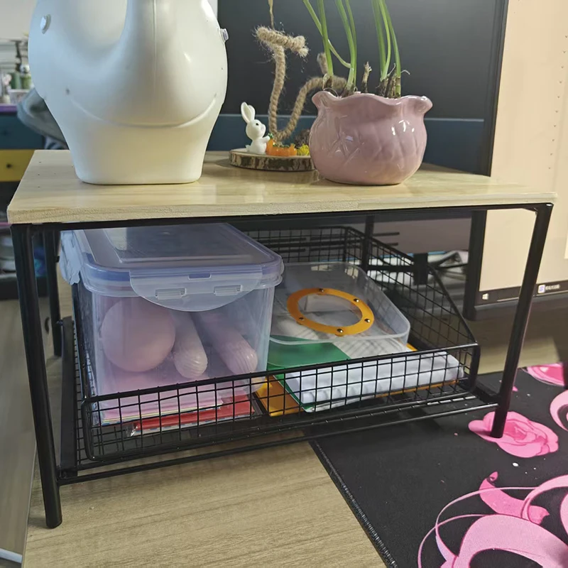 Space-saving printer stand with sliding storage basket