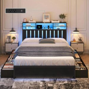 Full Storage Bed with 8 Drawers LED Frame