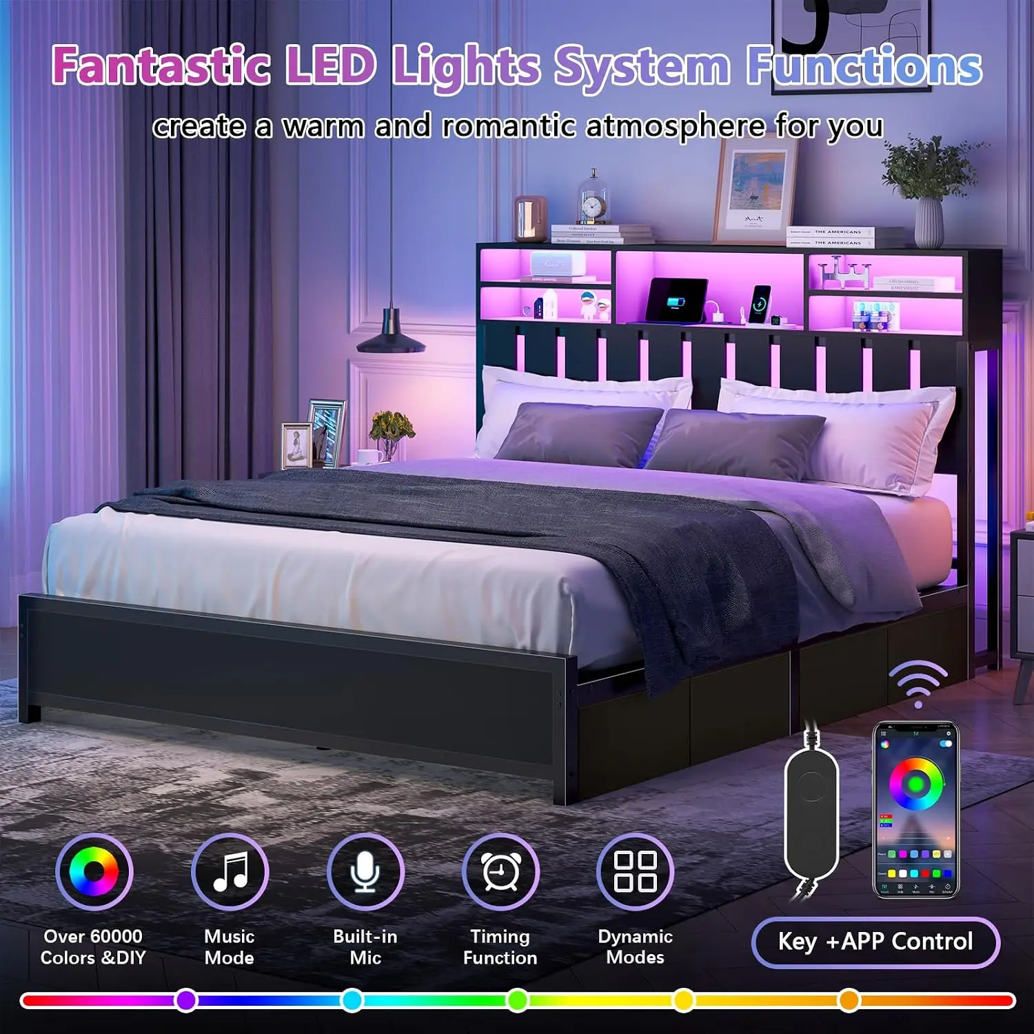 Full Platform Bed with 8 Drawers Storage Headboard LED Lights Charging Station Under Bed Storage No Box Spring, Customized