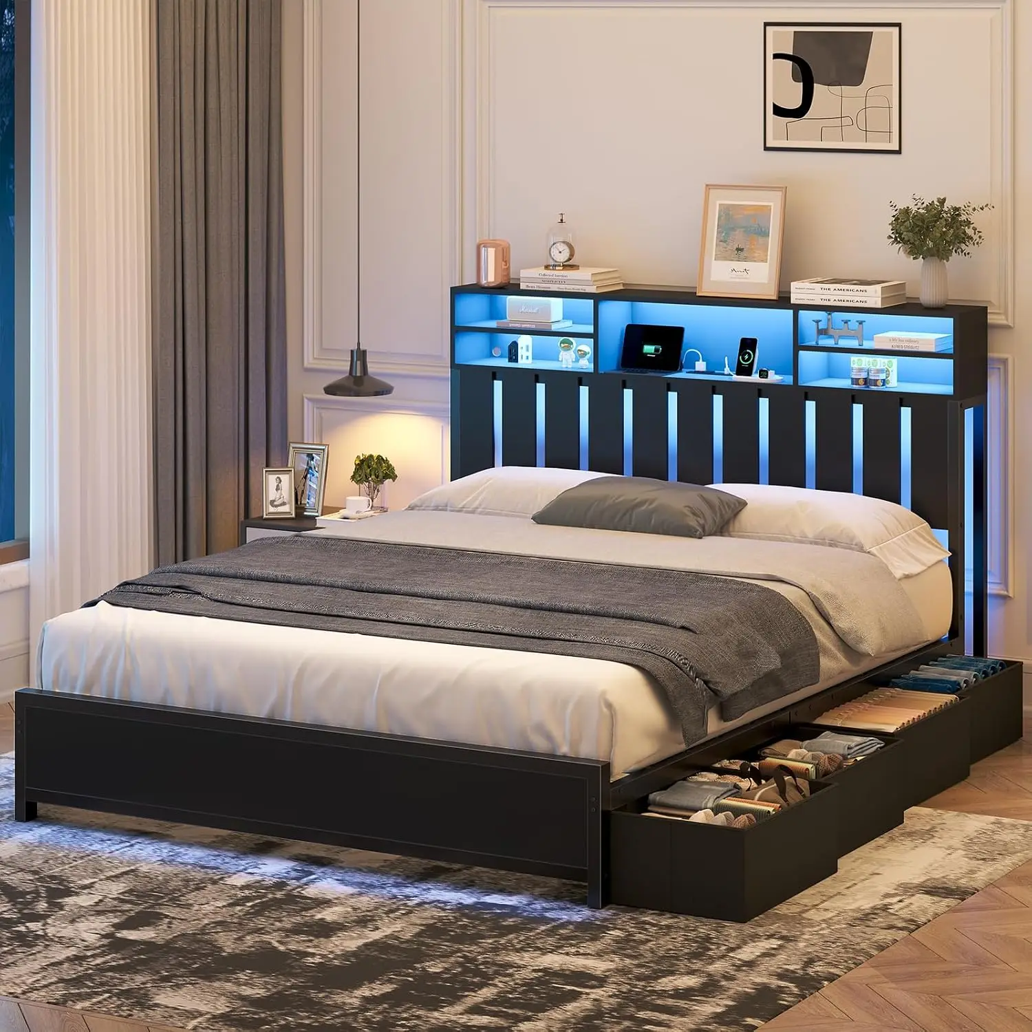Full Platform Bed with 8 Drawers Storage Headboard LED Lights Charging Station Under Bed Storage No Box Spring, Customized