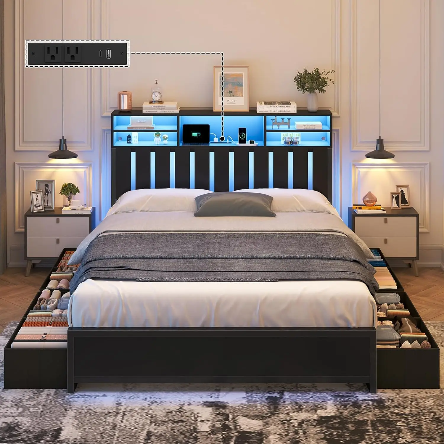 Full Platform Bed with 8 Drawers Storage Headboard LED Lights Charging Station Under Bed Storage No Box Spring, Customized