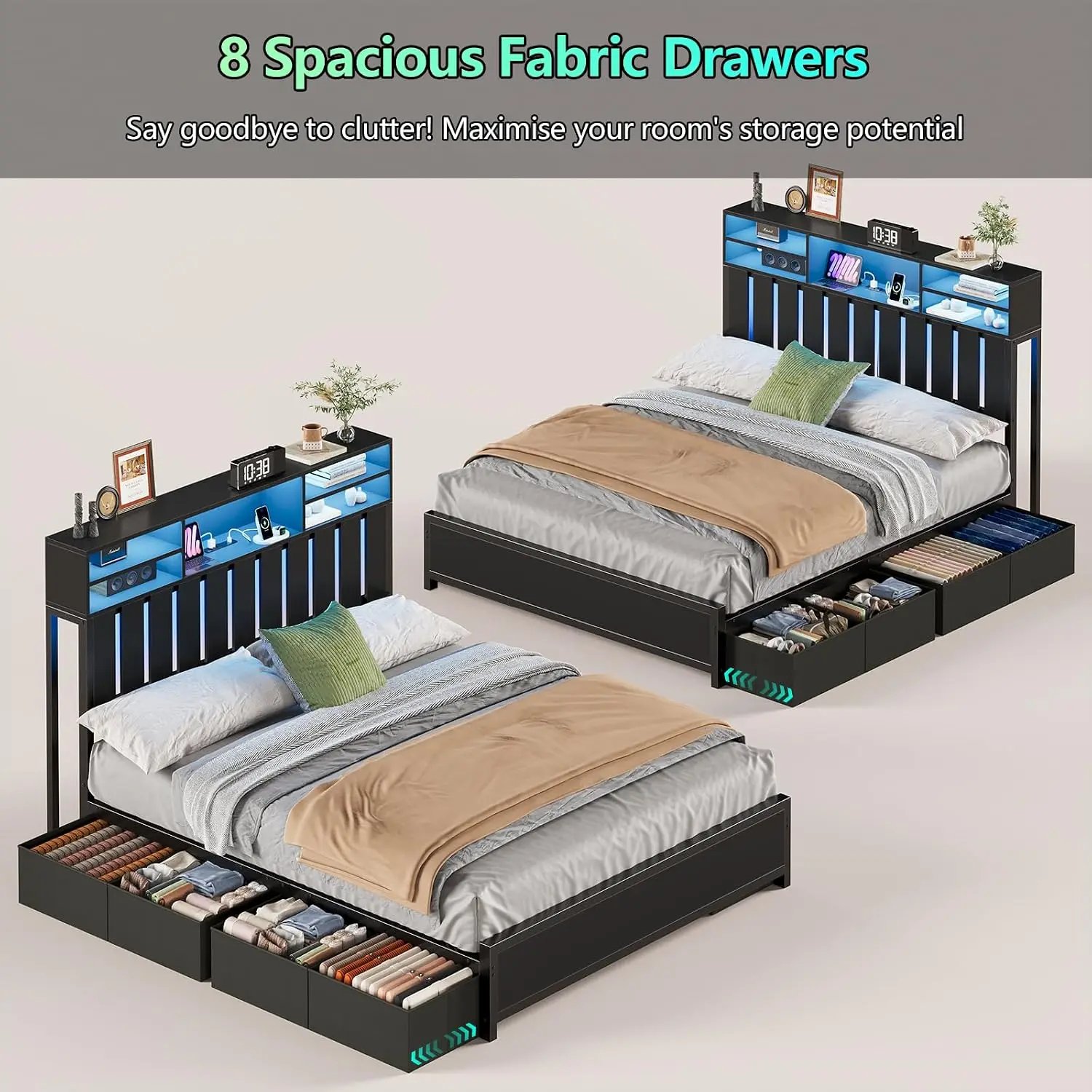 Full Platform Bed with 8 Drawers Storage Headboard LED Lights Charging Station Under Bed Storage No Box Spring, Customized