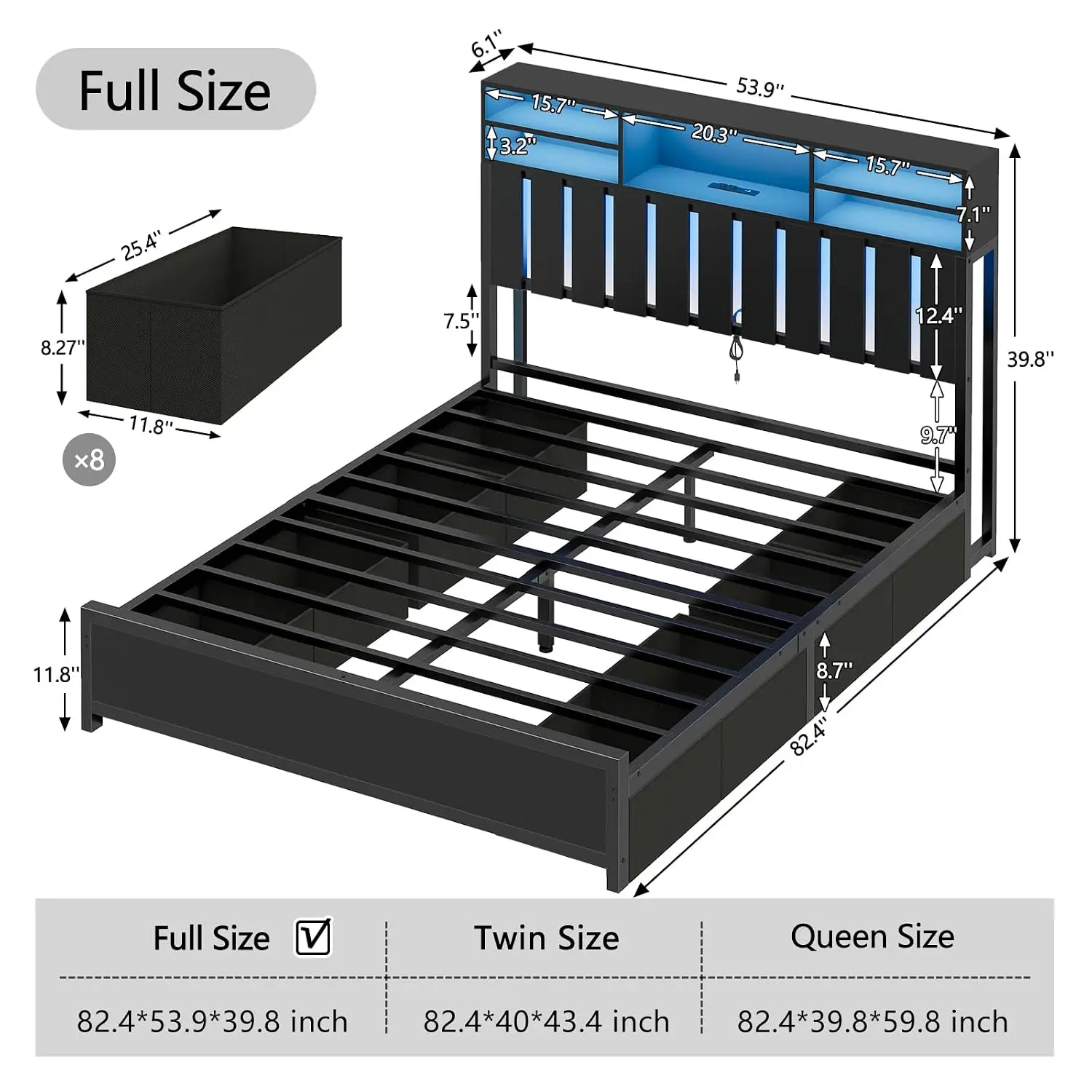 Full Platform Bed with 8 Drawers Storage Headboard LED Lights Charging Station Under Bed Storage No Box Spring, Customized