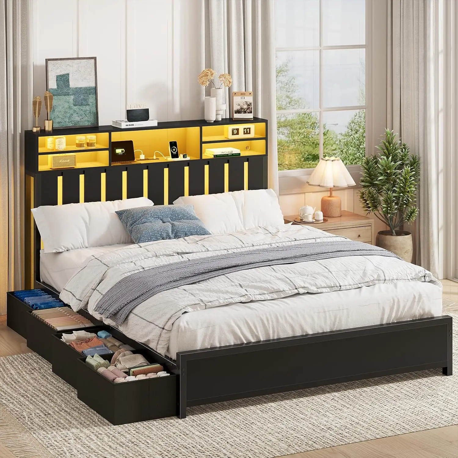 Full Platform Bed with 8 Drawers Storage Headboard LED Lights Charging Station Under Bed Storage No Box Spring, Customized