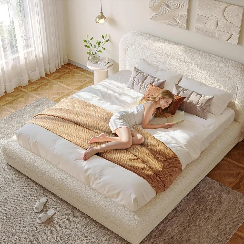 King Size Bed Frame and Headboard, Upholstered Cloud Bed Frame, Anti-Collision Soft Rounded Corners, Boucle Platform Bed