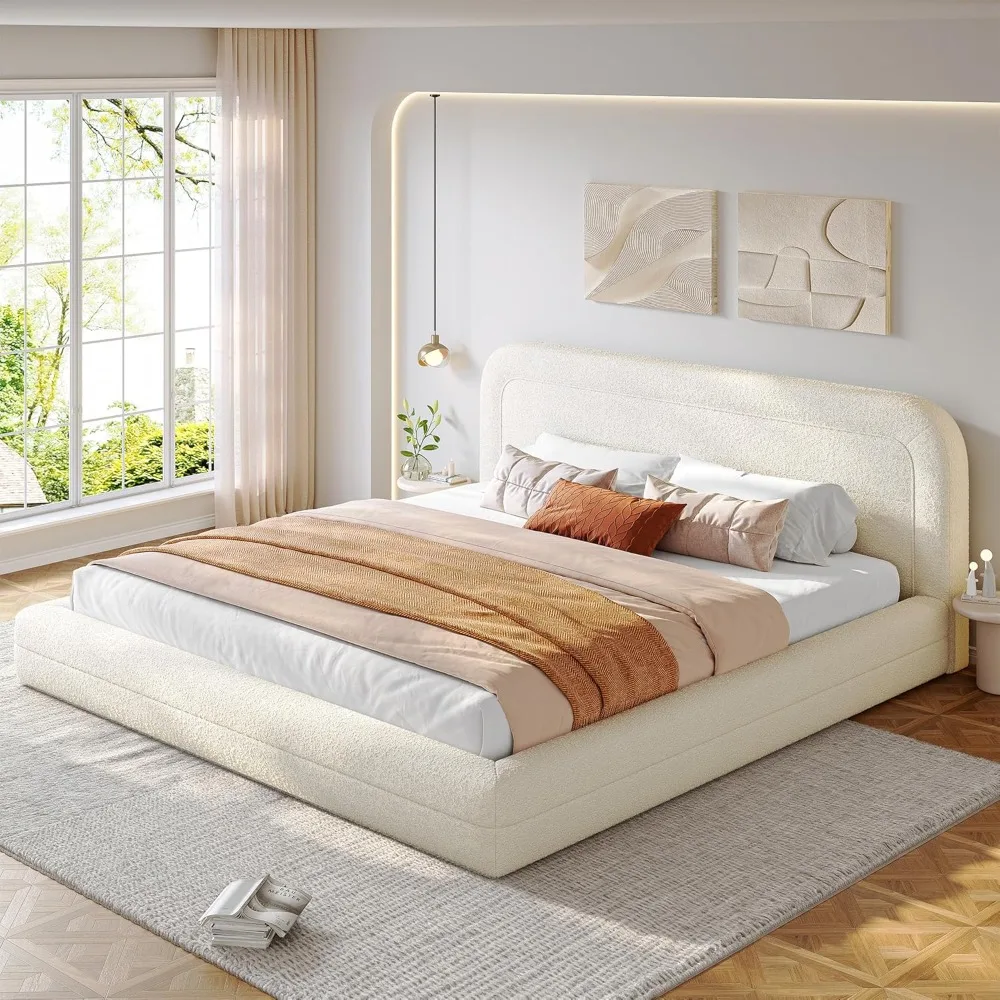 King Size Bed Frame and Headboard, Upholstered Cloud Bed Frame, Anti-Collision Soft Rounded Corners, Boucle Platform Bed