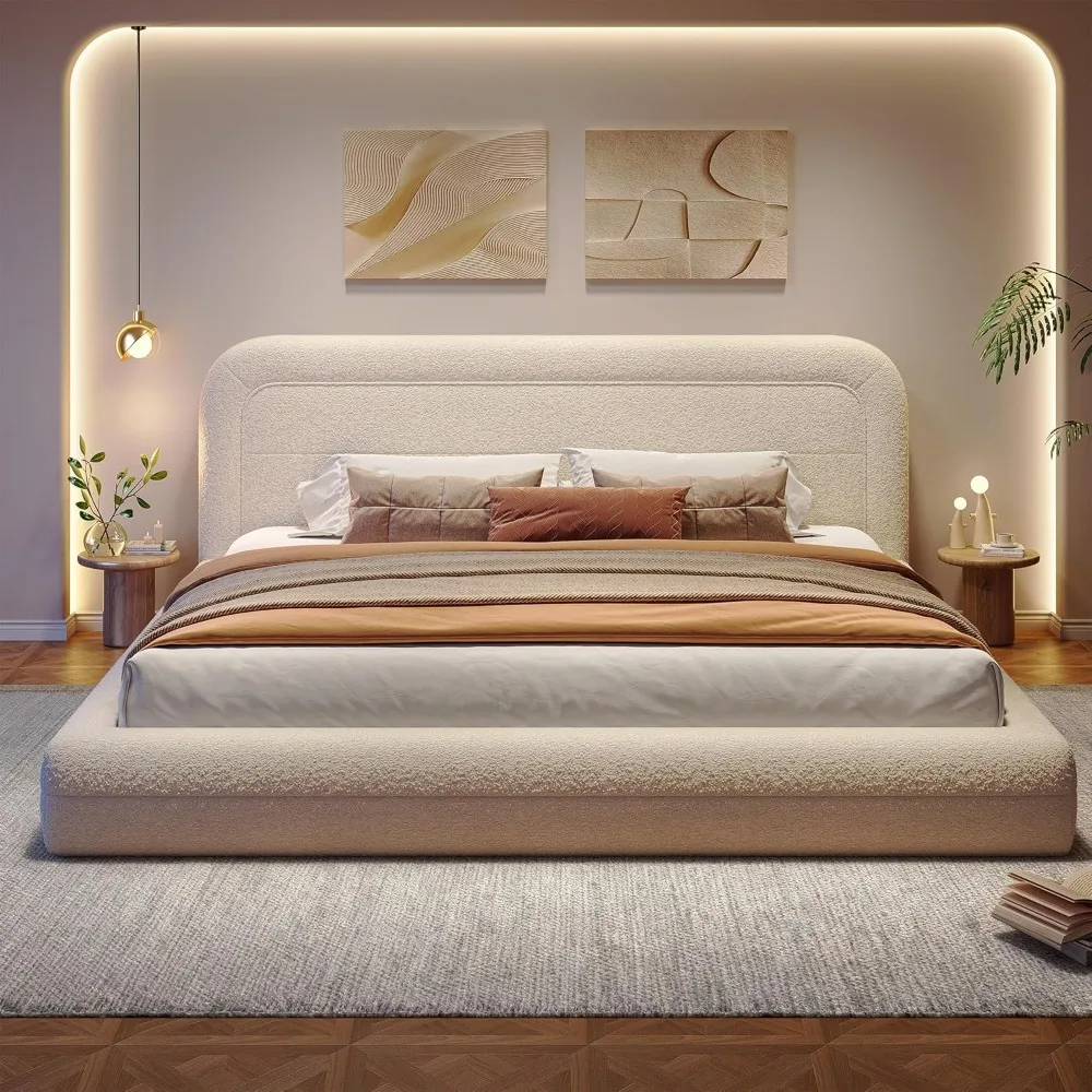 King Size Bed Frame and Headboard, Upholstered Cloud Bed Frame, Anti-Collision Soft Rounded Corners, Boucle Platform Bed