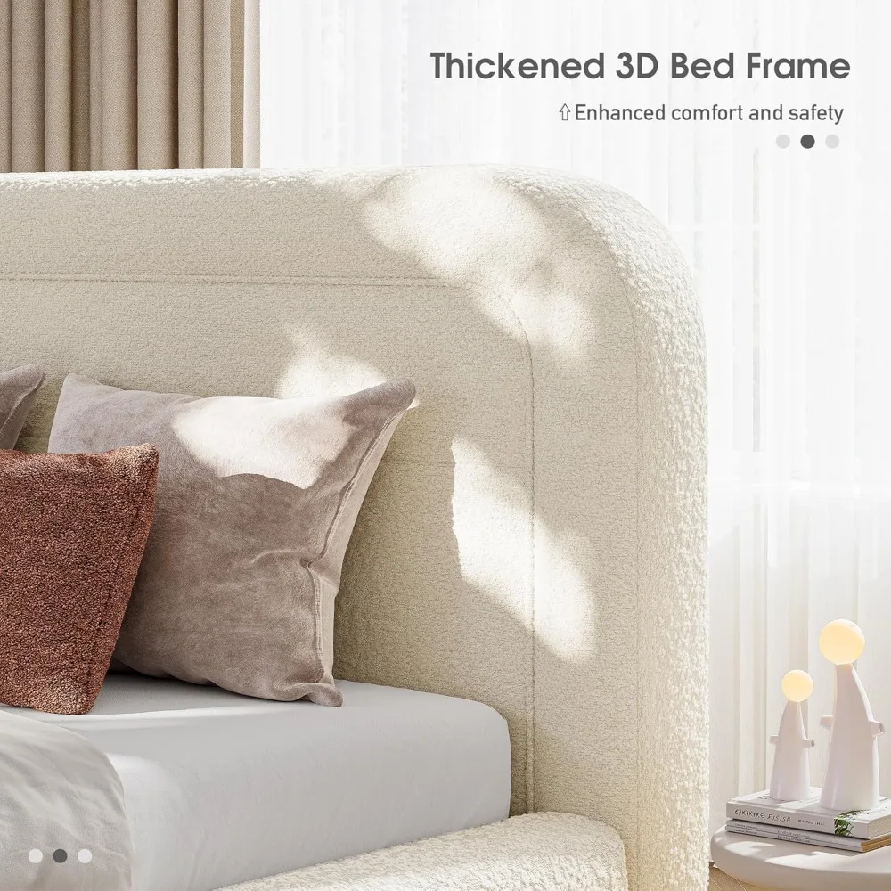 King Size Bed Frame and Headboard, Upholstered Cloud Bed Frame, Anti-Collision Soft Rounded Corners, Boucle Platform Bed