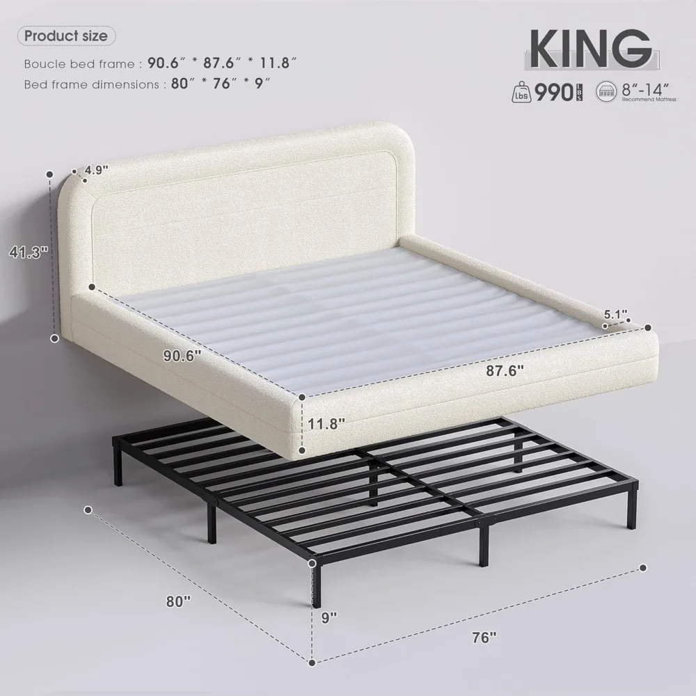 King Size Bed Frame and Headboard, Upholstered Cloud Bed Frame, Anti-Collision Soft Rounded Corners, Boucle Platform Bed