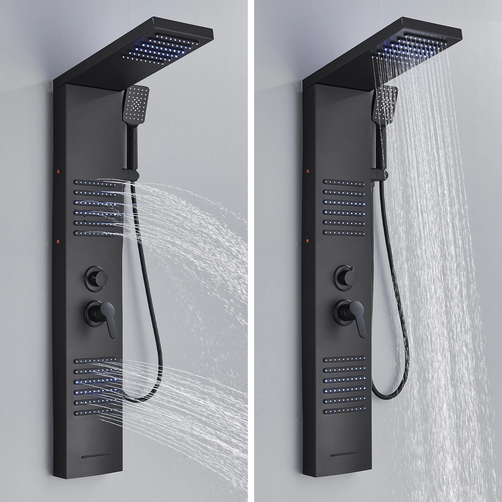 Black LED Shower Panel Tower System Rain Waterfall Shower Column Hydroelectricity Massage Body Spa Bath Shower Faucet Mixer