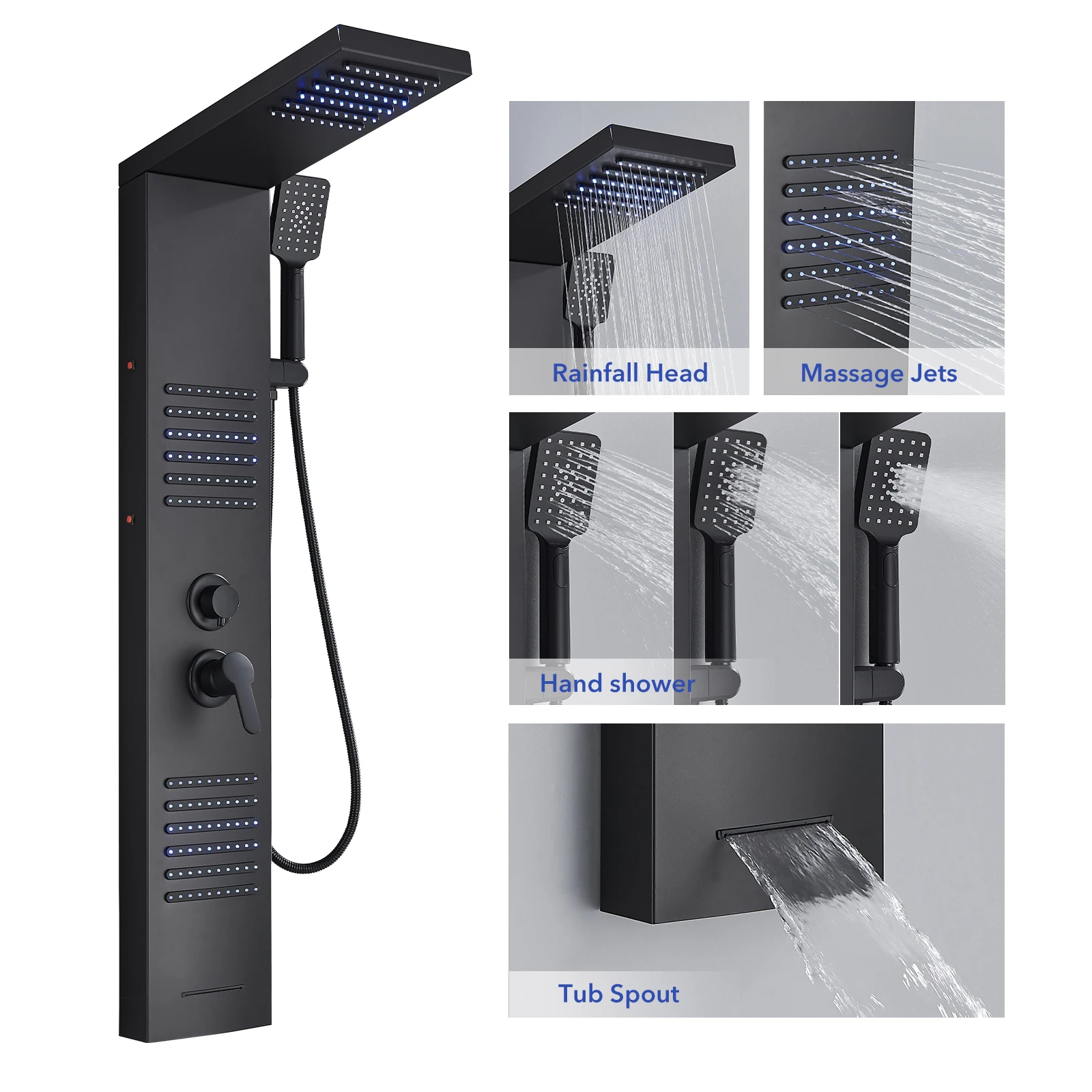 Black LED Shower Panel Tower System Rain Waterfall Shower Column Hydroelectricity Massage Body Spa Bath Shower Faucet Mixer