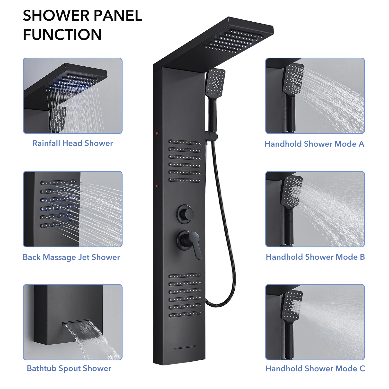 Black LED Shower Panel Tower System Rain Waterfall Shower Column Hydroelectricity Massage Body Spa Bath Shower Faucet Mixer