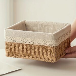 Chic Rattan Cosmetic Storage Basket with Removable Lace Lining