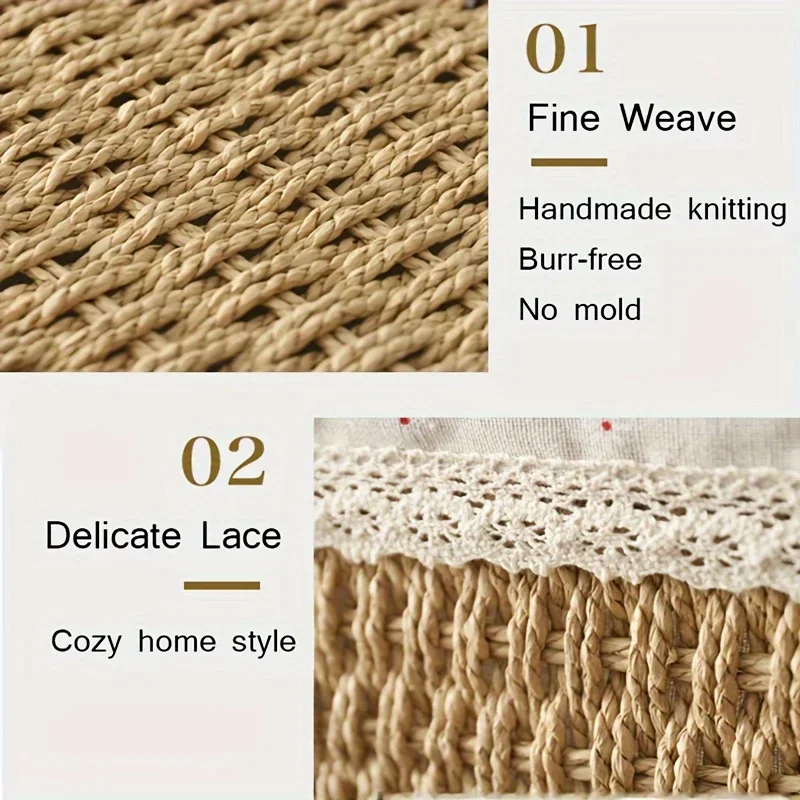 1pc Handmade Rattan Storage Basket, Desktop Rattan Storage Basket With Removable Lace Lining, Suitable For Cosmetic Storage