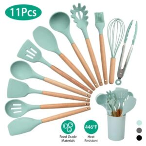 aero 11pcs silicone cooking utensil set with wooden handles