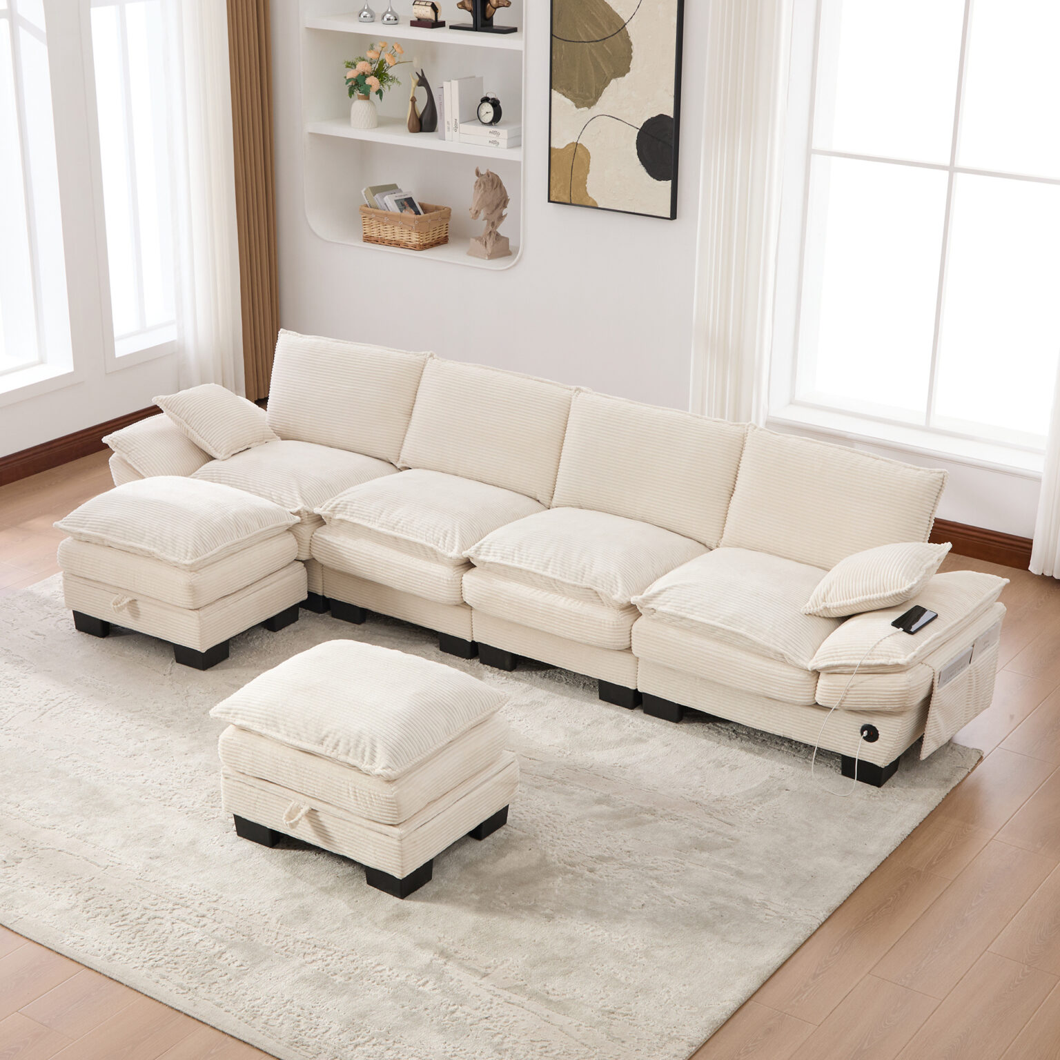 Jupeganshop beige modular cloud sofa styled in a spacious modern living room setup.
