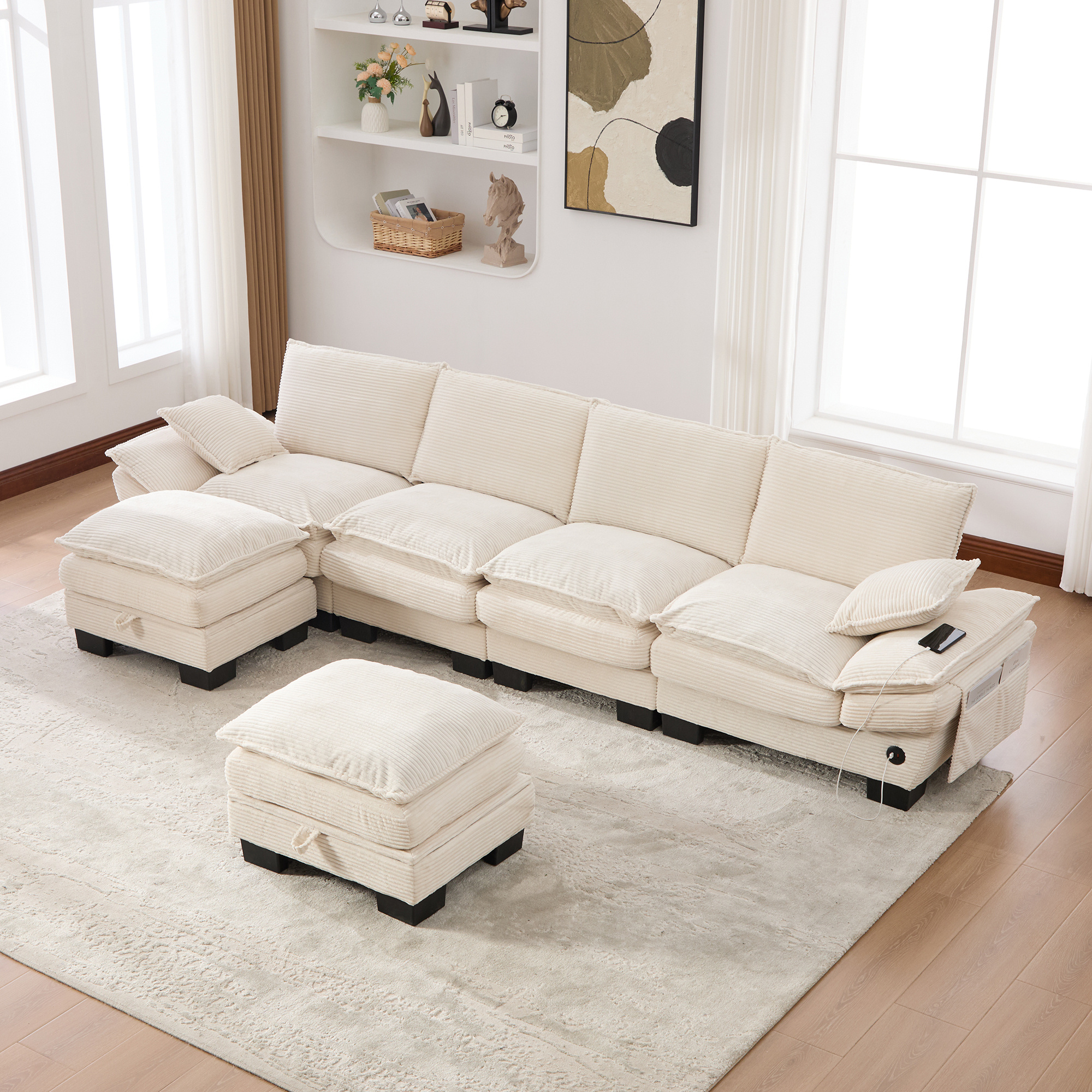 Jupeganshop beige modular cloud sofa styled in a spacious modern living room setup.