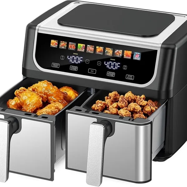 Dual basket air fryer with two independent cooking compartments.